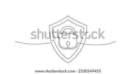 Padlock and shield in continuous single line drawing style. One line drawing of lock. Drawing of security protection symbol. Sigh for concept of information internet, business protection, cyber safety