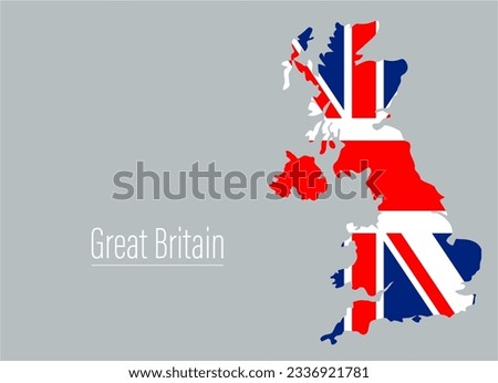 United Kingdom contour map, shape of country with flag. Great Britain and Northern Ireland map silhouette. European country, state in EU. Drawing background. UK map borders. Vector flat illustration