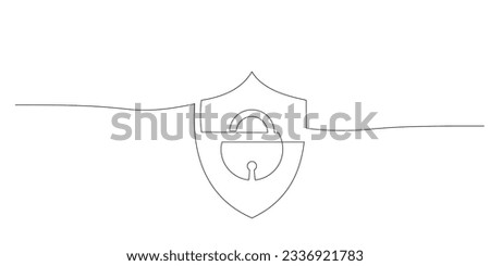 Shield with padlock for protection in continuous single line drawing style. Security symbol. One line drawing of lock. Sigh for concept of information internet, business protection, cyber safety