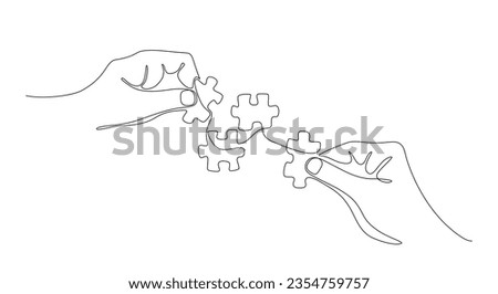 Continuous line drawing of hands solving puzzle pieces, jigsaw. Hands connecting puzzle pieces. One line drawing for Business matching, teamwork concept, business metaphor of solving problem, strategy