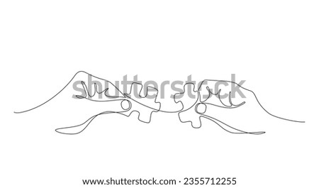 Continuous line drawing of hands solving puzzle pieces, jigsaw. Hands connecting puzzle pieces. One line drawing for Business matching, teamwork, business metaphor of solving problem, Editable stroke