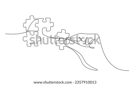 Continuous line drawing of hand solving puzzle pieces, jigsaw. One line drawing of hand connecting puzzle pieces. Business matching, teamwork concept, business metaphor of solving problem, strategy