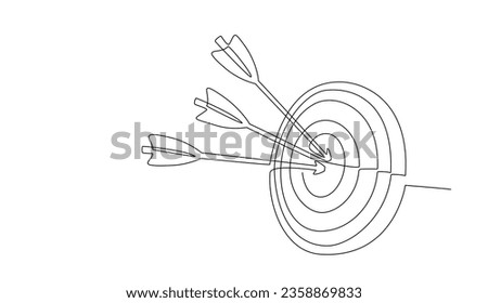 Continuous line drawing of Target with arrows. Single line illustration of goal circle with three arrows in center, shot bullseye. Business strategy concept. Arrow in target pad. Vector illustration