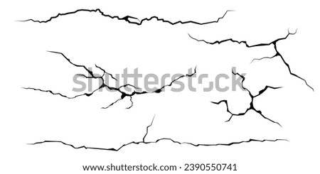 Surface cracks and fissures in ground, concrete, crevices from disaster top view. Breaks on land surface from earthquake isolated on white background. Broken ground, wall, glass pattern effect. Damage