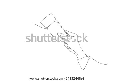 Continuous single line drawing of hand with ticket. One line drawing of passenger ticket for bus, plane, transport. Contour illustration of human hand purchasing ticket. Vector sketch design concept
