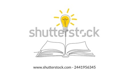 Shining light bulb above open book in continuous line style drawing. Idea concept with one line bulb and notebook. Innovation creative idea banner with lamp, book. Sketch Vector illustration. Template