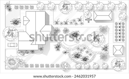 Top view landscape design plan with house, courtyard, lawn. Black and white highly detailed plan of country with modern cottage, villa with garden. Vector illustration Cityscape, Map of town, village