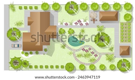 Landscape design plan with house, courtyard, lawn and garage top view. Highly detailed plan of country with modern cottage, garden, pond, pool. Vector illustration of Cityscape, Map of town, village