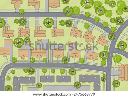 Top view of the city. Plan of town or village with houses, roof, park. Cityscape aerial landscape from above. Background town map Vector Landscape design plan. Highly detailed country map illustration