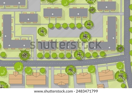 Top view of the city. Plan of town or village with houses, roof, park. Cityscape aerial landscape from above. Background town map Vector Landscape design plan. Highly detailed country map illustration