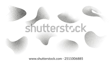 Dotwork abstract noise fluid grain gradient elements. Pointillism gradient pattern in dotwork style. Dotwork stipple halftone effect. Dotted set of shapes, stipple elements. Vector background