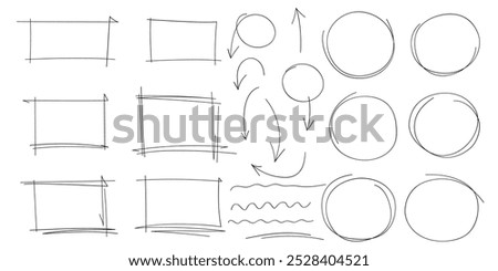 Set of doodle handdrawn highlight, arrows, text underline strokes and marks. Collection of sketch elements of circles, rectangles, squares, ovals, marks. Brush doodle shape for message notes