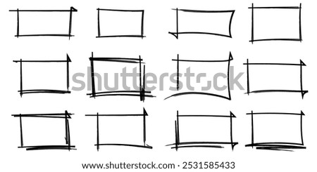 Set of doodle handdrawn highlight rectangles. Collection of marker, pencil or pen sketch elements of squares and marks isolated on transparent background. Brush doodle shape for message notes