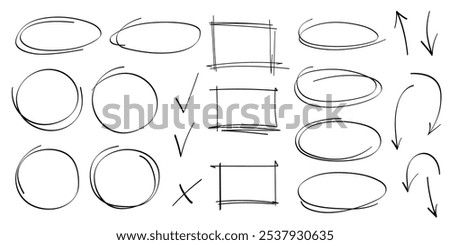 Hand drawn highlight, arrows, text underline strokes and emphasis marks. Set of ellipses, rectangles, squares, ovals and marks. Collection of brush doodle elements and shapes for message notes