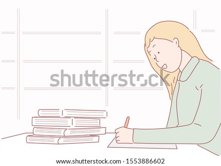 Female student taking notes from a book at library.Eps10 vector.