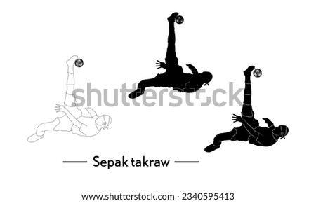 Players takraw and football sports logo design vector icon illustration. Player takraw soccer design vector illustration, Silhouette of takraw player logo.