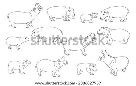 Line art Hippo in different poses flat set for web design. Cartoon wild creature white background vector illustration collection. African animals, zoo and wildlife concept