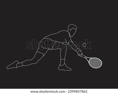 A Tennis player simple vector background, banner, poster with man, racket and ball. Line drawing art illustration of male tennis player. Tenis player vector.