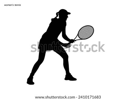 A tennis player woman silhouette sports person design element. The athlete playing tennis with racket and ball. Drawing art illustration of female tennis player. Tenis player vector.