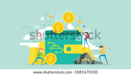 Bitcoin Wallet Tiny People Character Concept Vector Illustration, Suitable For Wallpaper, Banner, Background, Card, Book Illustration, Web Landing Page, and Other Related Creative