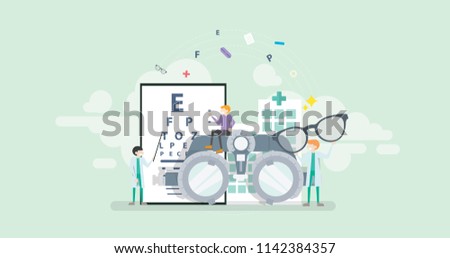 Medical Ophthalmologist Eyesight Check Up Tiny People Character Concept Vector Illustration, Suitable For Wallpaper, Banner, Background, Card, Book Illustration, And Web Landing Page