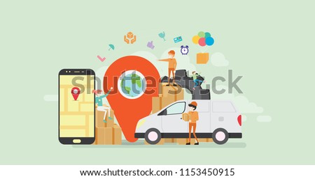 Online Cargo Tracking Delivery Application Tiny People Character Concept Vector Illustration, Suitable For Wallpaper, Banner, Background, Card, Book Illustration, And Web Landing Page