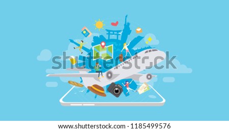 Around the World Holiday Travel Booking Mobile App Tiny People Character Concept Vector Illustration, Suitable For Wallpaper, Banner, Background, Card, Book Illustration, And Web Landing Page