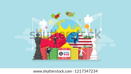 China And America Trade War Tiny People Character Concept Vector Illustration, Suitable For Wallpaper, Banner, Background, Card, Book Illustration, And Web Landing Page