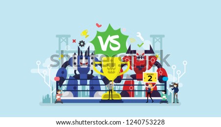Bot Fighting Tournament Tiny People Character Concept Vector Illustration, Suitable For Wallpaper, Banner, Background, Card, Book Illustration, And Web Landing Page
