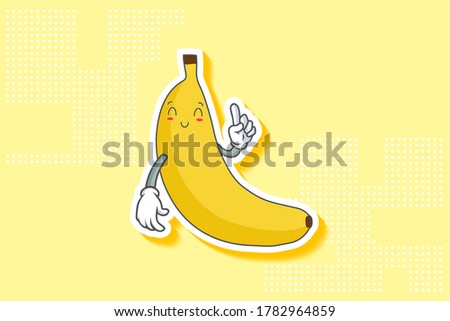 SMILING, HAPPY, RELIEVED, SMILE Face Emotion. Forefinger Hand Gesture. Banana Fruit Cartoon Drawing Mascot Illustration.