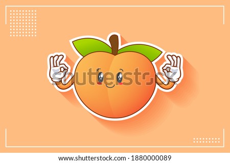 SLIGHTLY SMILE FACE, SLIGHTLY, SMILING, SMILE Face Emotion. Double Nice Hand Gesture. Peach Fruit Cartoon Drawing Mascot Illustration.