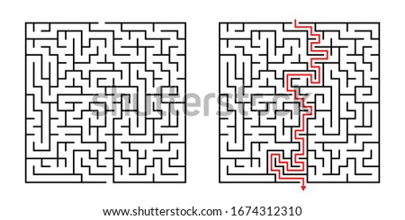 Vector Square Maze - Labyrinth with Included Solution in Black & Red. Funny & Educational Mind Game for Coordination, Problems Solving, Decision Making Skills Test.