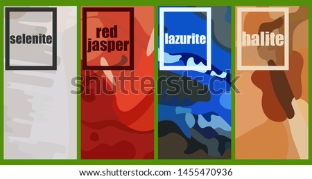 Set of square brochures with the image of the surface of the four minerals. Rectangle template brochure, report, catalog, magazine. Abstract background. Vector illustration.
