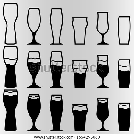 A set of six Beers with different amounts of alcohol. Set for bars and restaurants. Vector illustration.