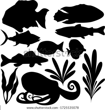 A set of eleven elements of the sea world. Set for various purposes magazine, poster, website, and more. Fish, seaweed, octopus. Vector illustration.
