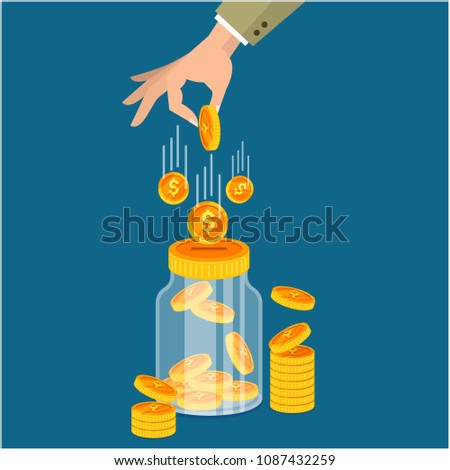 Hand Drop Gold Coin Piggy Bank Background Vector Image
