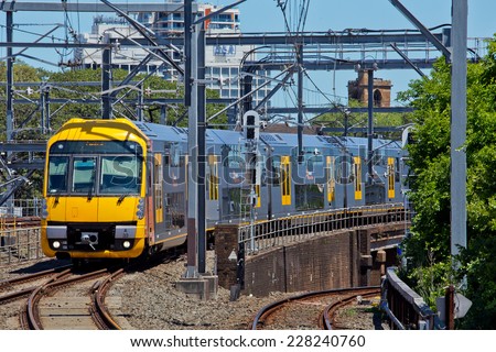 SYDNEY,AUSTRALIA - NOVEMBER2,2014: A \'Waratah\' train approaches Central Station with a local service.