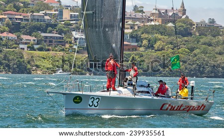 SYDNEY,AUSTRALIA - DECEMBER 26,2014: The crew of the yacht \'Chutzpah\' prepares to compete in the 70th Sydney to Hobart yacht race. It is one of the world\'s greatest yacht races.
