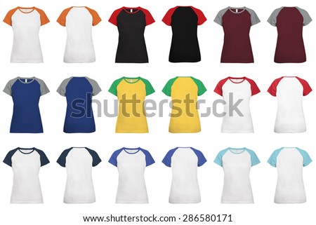 Collection of baseball style T-shirts for women in two colors, short sleeves. Front and rear view.