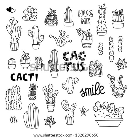 Doodle cactus set. Vector cactuses and lettering isolated on white background. Black line succulents collection