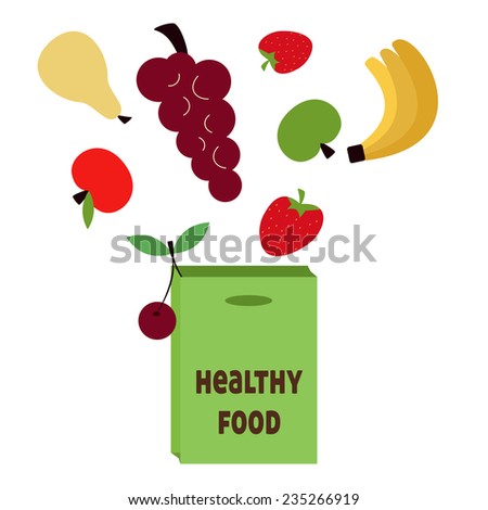 Illustration of healthy food. Fruits and shop bag for diet. Flat design vector isolated on white background