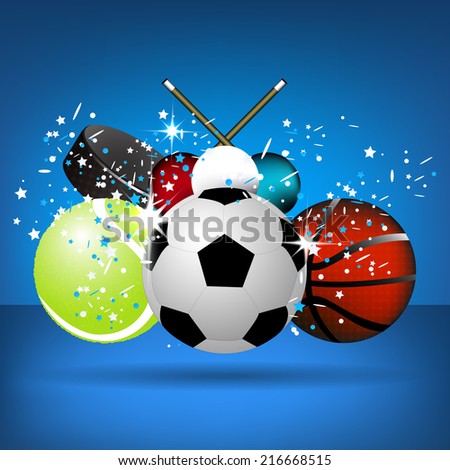 Sport illustration with soccer ball, tennis ball, basket ball, snooker balls and hockey puck on a blue background/vector illustration