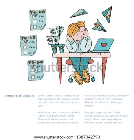 Person sitting in a state of procrastination at a working table, with text. Boring working space with time running. Scene with paper planes, coffee cups, todo lists and messages icons.