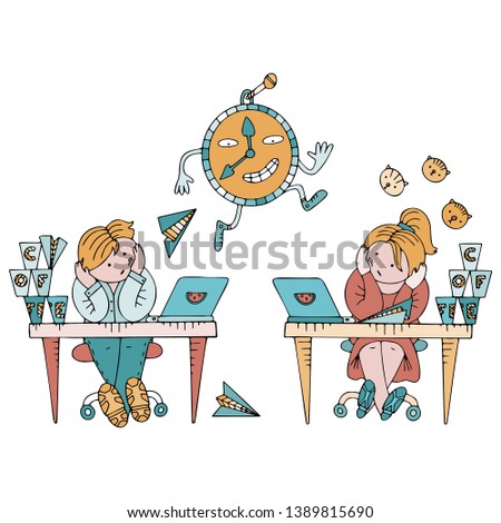 Person sitting in a state of procrastination at a working table. Boring working space with time running. Scene with paper planes, coffee cups, todo lists and messages icons.