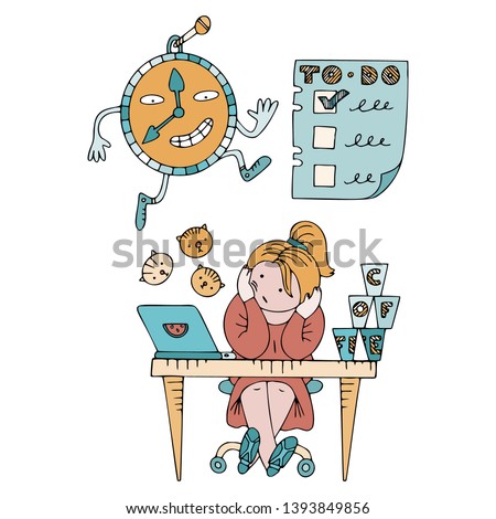 Person sitting in a state of procrastination at a working table. Boring working space with time running. Scene with paper planes, coffee cups, todo lists and messages icons.