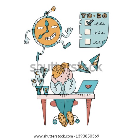 Person sitting in a state of procrastination at a working table. Boring working space with time running. Scene with paper planes, coffee cups, todo lists and messages icons.