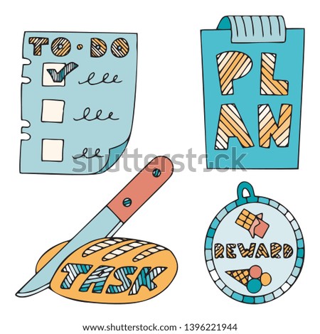 Symbols for time management. Task management metaphor, todo list and planning. Slicing and devision of task idea. Illustration for time management training