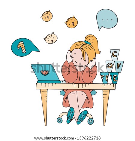 Person sitting in a state of procrastination at a working table. Boring working space with time running. Scene with paper planes, coffee cups, todo lists and messages icons.