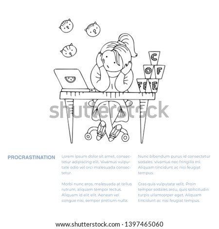 Person sitting in a state of procrastination at a working table, with text. Boring working space with time running. Scene with paper planes, coffee cups, todo lists and messages icons.