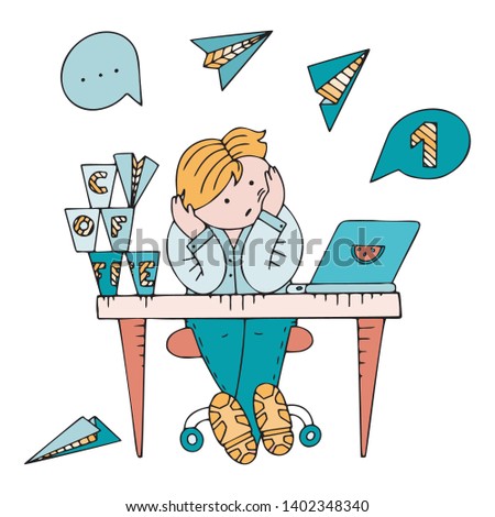 Person sitting in a state of procrastination at a working table. Boring working space with time running. Scene with paper planes, coffee cups, todo lists and messages icons.